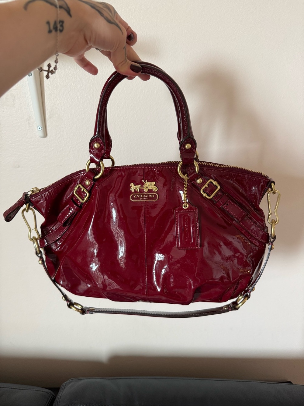 Coach Patent Leather Satchel in Wine Red with Gold Hardware